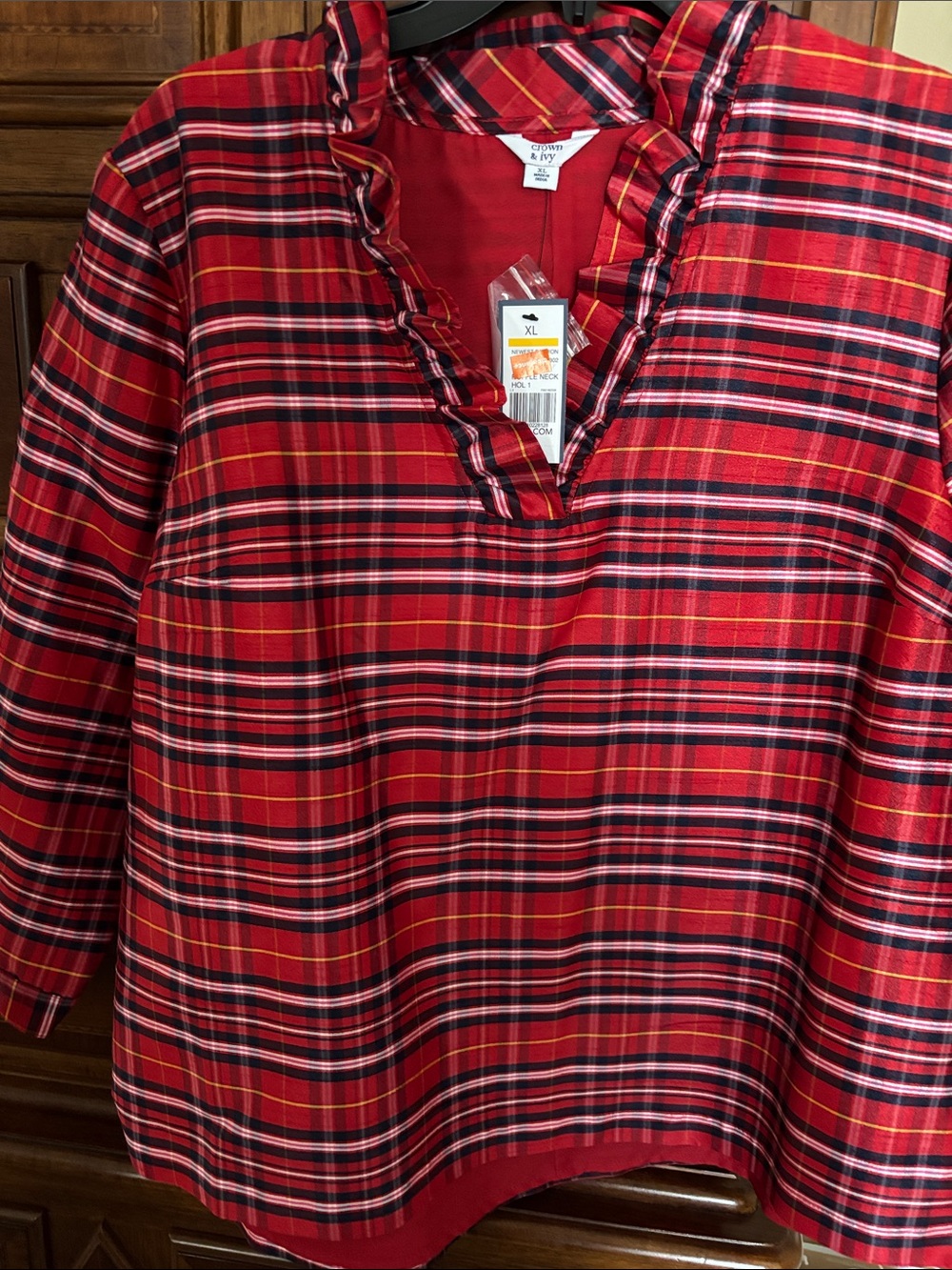Crown  & Ivy Red Plaid Ruffle V-Neck Blouse
